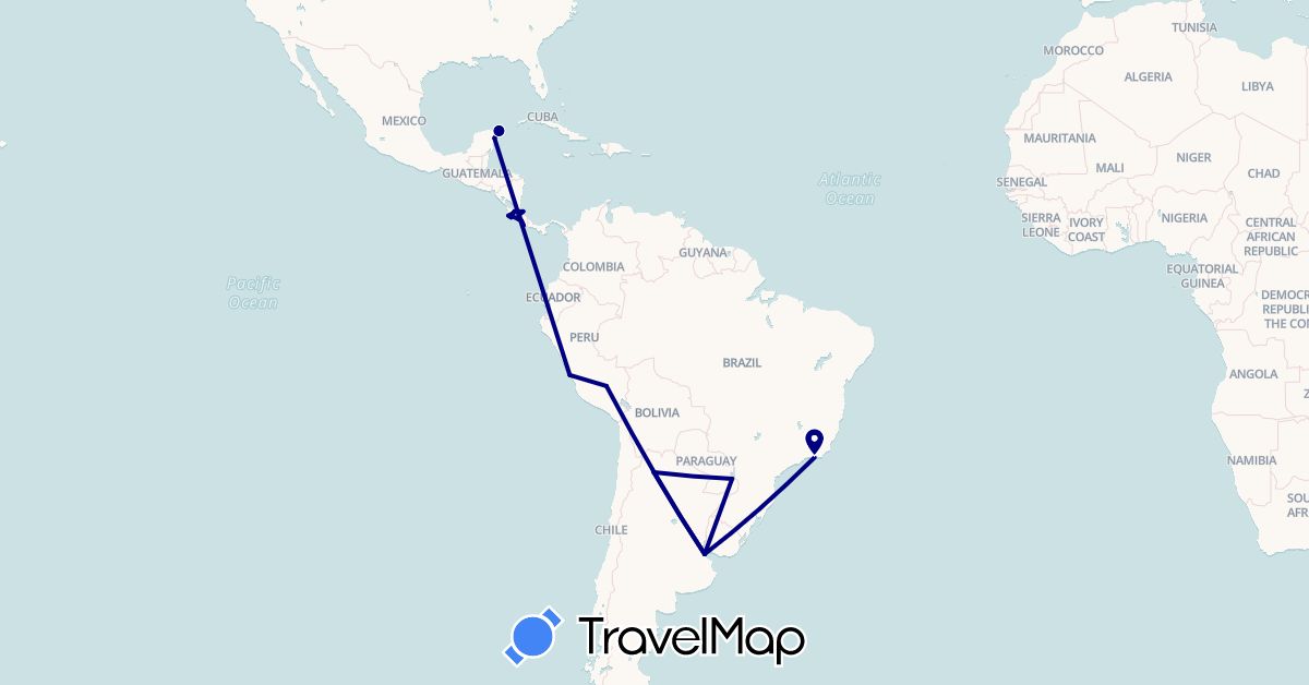 TravelMap itinerary: driving in Argentina, Brazil, Costa Rica, Mexico, Peru (North America, South America)
